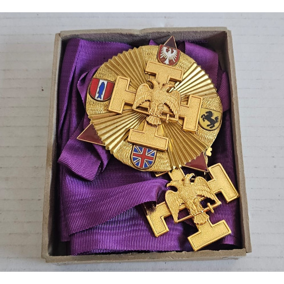 Scottish Rite 32nd Degree Wings Down Jewel with Veteran Medal in Purple Ribbon - Picture 1 of 9